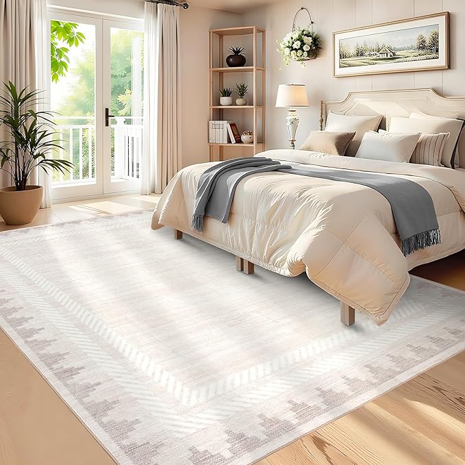 GarveeHome Washable Area Rug 8x10 Modern Neutral Living Room Rug Cream Non Slip,Border Geometric Carpet for Bedroom,Soft Non Shedding Solid Rugs Low Pile Carpet for Farmhouse Dining Room Office