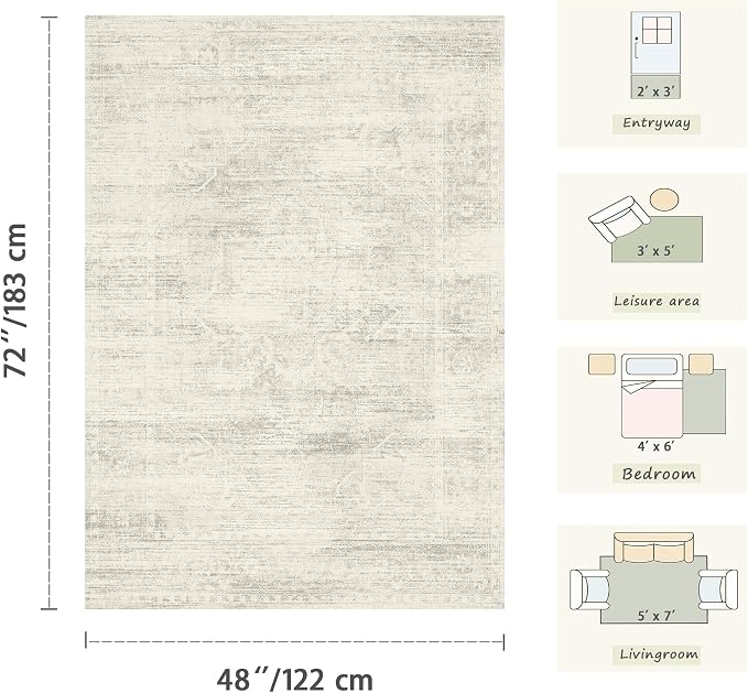 Latte&Fog Ivory 4x6 Area Rug Vintage Washable Small Neutral Rug for Laundry | Non Slip Low Pile Soft Floral Cute Carpet for Dining Kitchen Kids Playroom Nursery Guest Room Classroom Dorm Farmhouse Office