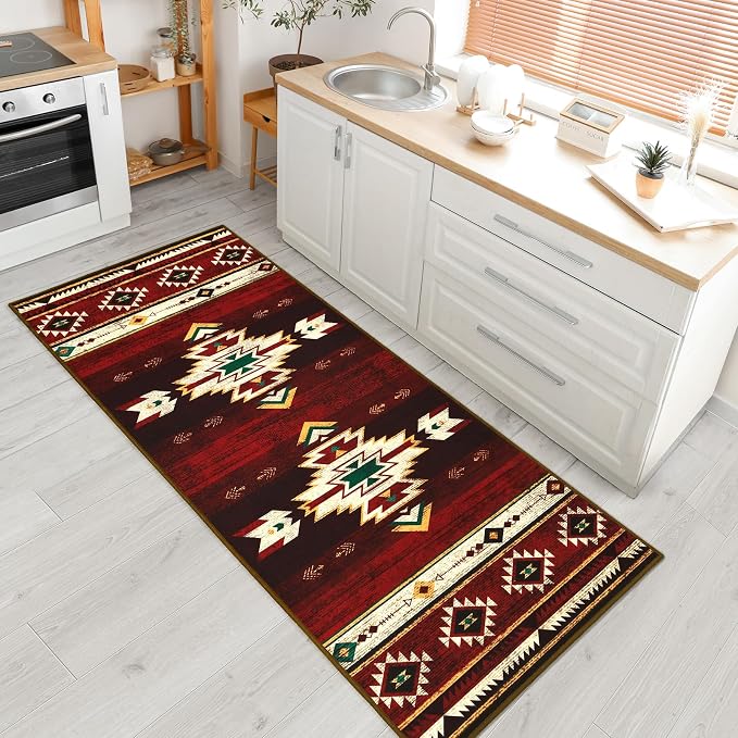 BENRON Western Hallway Runner Rug 2x6, Long Runners for Kitchen, Red | Southwest aztec Rug, Accent and Tribal Throw Rugs for Bedroom, Washable