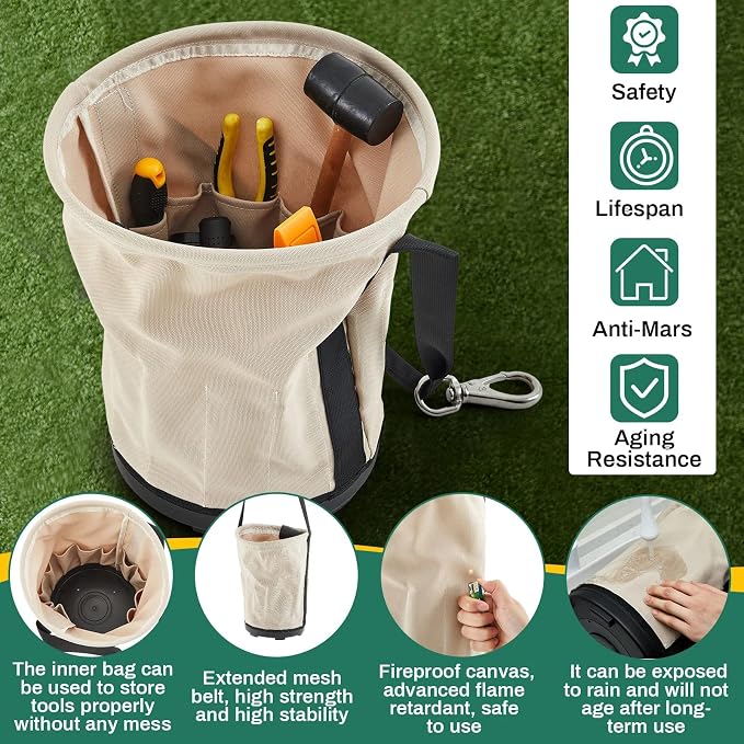 Heavy Duty Tool Canvas Bucket 12 x 12 x 9'' Tapered Wall Bucket Bag with 14 Inner Pockets, Thickened 14 Ounce Canvas, Plastic Bottom High Weight Load Capacity up to 100 Lbs(Unprinted)
