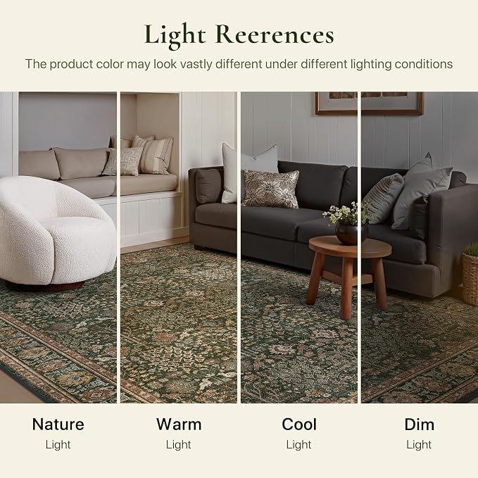 2x6 Kitchen Runner Rug, Washable Non Slip, Dark Green Brown | Vintage Floral, Spill Resistant, Lightweight Low Pile Carpet for Hallway, Bedroom, Laundry Room and Bathroom