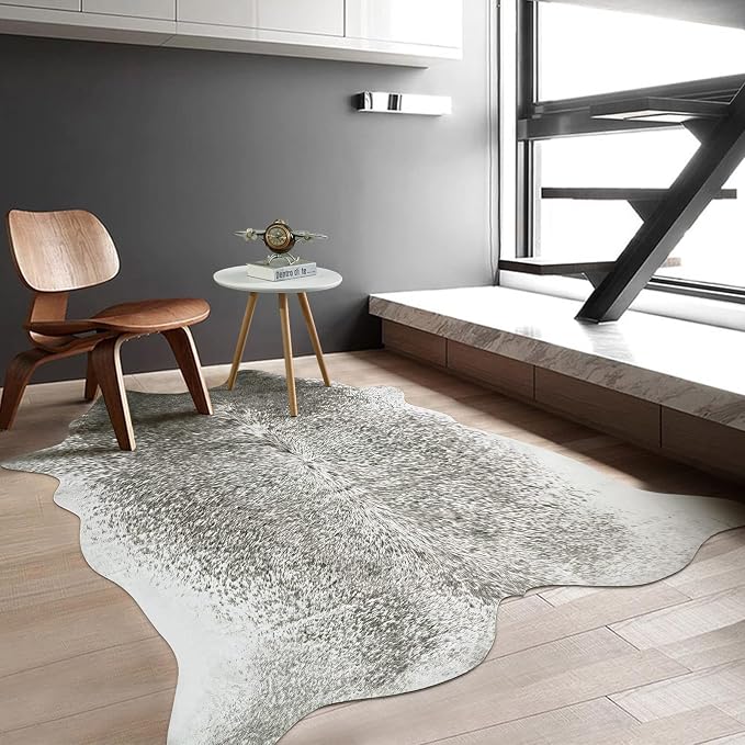 Large Washable Faux Cowhide Rug 6x7 Grey, Modern Farmhouse Animal Skin Area Rugs, Non Slip Cow Print Carpet for Large Living Room Bedroom Office, Vintage Aesthetic Floor Mat