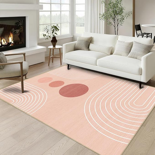 Boho Rug 4x6 Modern Geometric Minimalist Abstract Area Rug for Living Room Pink Mid Century Modern Contemporary Machine Washable Non-Slip Printed Low-Pile Carpet Dining Room Bedroom Office Pink