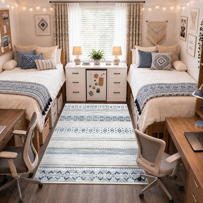 4x6 Washable Area Rugs for Living Room Boho Bedroom Rug Blue/Brown | Vacuum Friendly, Machine Washable, Non-Slip Rug, Stain Resistant, Moroccan Geometric, Low Pile Carpet, Dining Room Kitchen