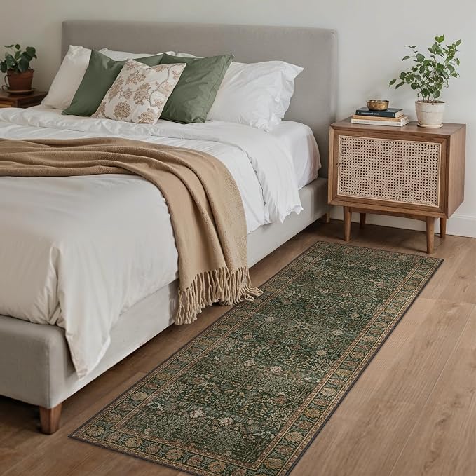 2x6 Kitchen Runner Rug, Washable Non Slip, Dark Green Brown | Vintage Floral, Spill Resistant, Lightweight Low Pile Carpet for Hallway, Bedroom, Laundry Room and Bathroom