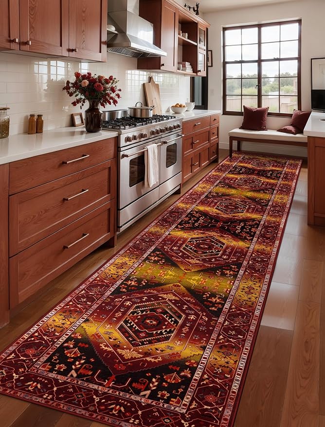 SERISSA 2'6"x14' Washable Non Slip Boho Runner Rug for Hallway | Ultra Soft Vintage Oriental Carpet Low-Pile Rustic Red Gold Floor Carpet for Kitchen Bedroom Entryway Bathroom Laundry Room