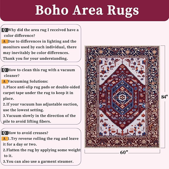 SERISSA 5x7 Washable Non Slip Boho Area Rug for Living Room | Ultra Soft Vintage Oriental Carpet Low-Pile Burgundy Navy Throw Carpet for Bedroom Dining Room Dorm Office Home Decor
