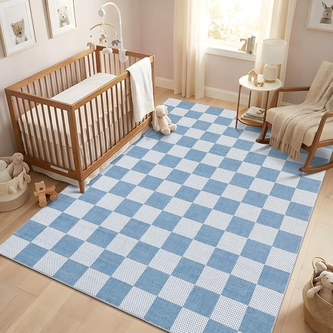GarveeHome Checkered Blue 3x5 Washable Coastal Rug Low-Pile Nursery Bedroom | Light Blue Small Area Rug for Bathroom Entryway Non-Slip Soft Stain Resistant Geometric Rugs TPE Backing