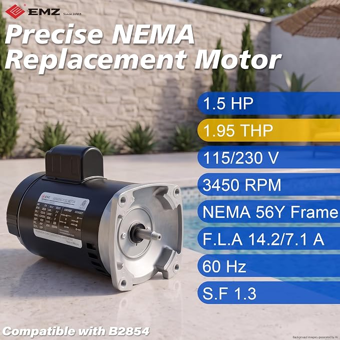 1.5 HP Single Speed Pool Pump Replacement Motor, Compatible with A.O. Smith Century B2854 B854, 115/230V, 3450 RPM, 56Y Square Flange, ODP, 1.3 Service Factor