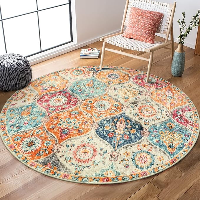 Lahome Moroccan Washable Circle Rug, Soft Vintage Round Rug 4ft, Distress Round Carpet for Entryway Bathroom Kitchen Bedroom, Non Slip Low Pile Stain Resistant Elise, Burnt Orange