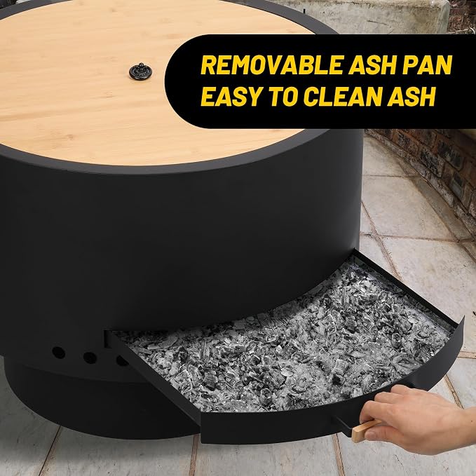 GarveeLife 26 in Smokeless Fire Pit with Removable Ash Pan, Wood Burning Firepit Table with Lid&Fire Poker,Smokeless Outdoor Fireplace with Dust Bag, Outdoor Fire Pits for BBQ, Table, Bonfire, Camping