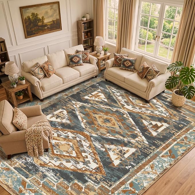 Washable 9x12 Area Rug for Living Room, Rustic Farmhouse Low-Pile Non-Slip Carpet, Stain Resistant Vintage Southwestern Large Rug for Bedroom Dining Room, Blue Rust Ivory