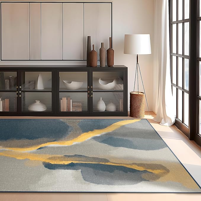 Phantoscope Washable Area Rug 5'x7' Non-Slip, Vintage Modern Boho Rugs for Living Room, Bedroom, Dining Room, Cloudscape Golden Horizon Pattern, Low-Pile Foldable Floor Carpet, Deep Grey/Gold