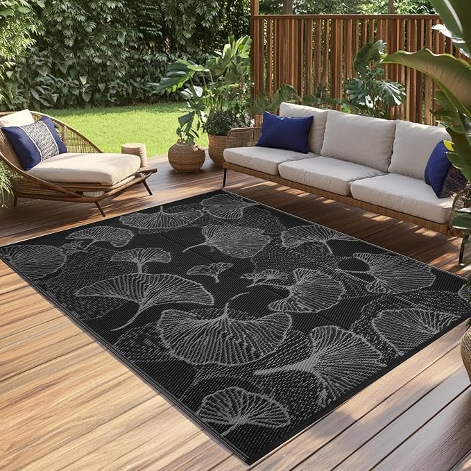 Outdoor Patio Rugs 8'x10' Waterproof, Reversible Plastic Straw Camping Rug Carpet, Large Area Rugs Mats for Rv, Deck, Porch, Picnic, Beach, Balcony, Black & Grey