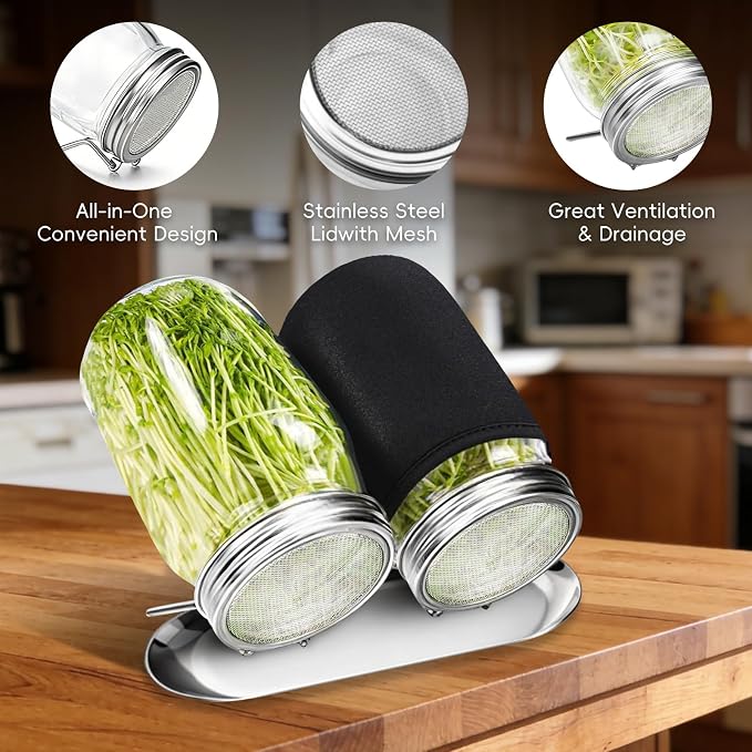 2Pack Sprouting Kit with Stainless Steel Screen Sprouting Lids, Glass Mason Jars, Light-Blocking Sleeves and Brush, Premium Reusable Sprouts Growing Kit for Organic Broccoli Alfalfa Seeds Bean Sprouts