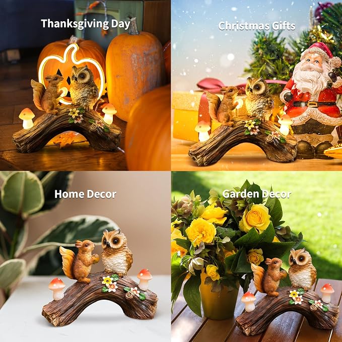Solar Owl Garden Statues Outdoor Decor Resin Owl Squirrel Figurine with Mushroom Lights for Patio Lawn Yard Decorations Christmas Birthday Housewarming Gardening Gifts for Women Mom