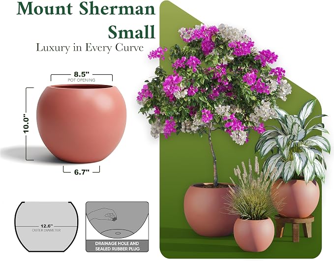 DTY Premium Mt Sherman Fiberstone Sphere Planter for Indoor Outdoor Use, Round Pot for Olive Tree, Lightweight, Smooth Finishes. 2 Coco Mats. Terracotta, Small 12.6" D x 10'' H. 8.5” Pot Opening