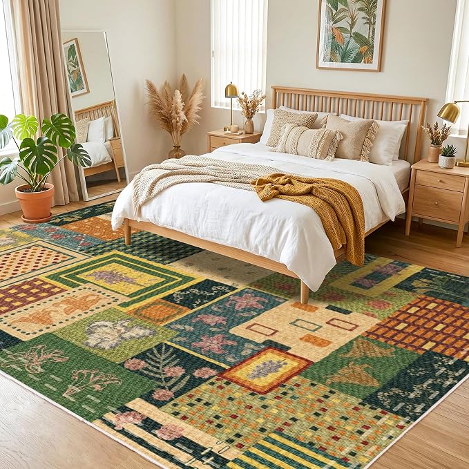 6x9 Floral Patchwork Area Rugs for Living Room, Colorful Green Boho Rug | Upgraded Non Slip Carpet, Washable Rug for Dining Room Office Home, Abstract Low Pile Large Rugs, Southwestern Cottagecore
