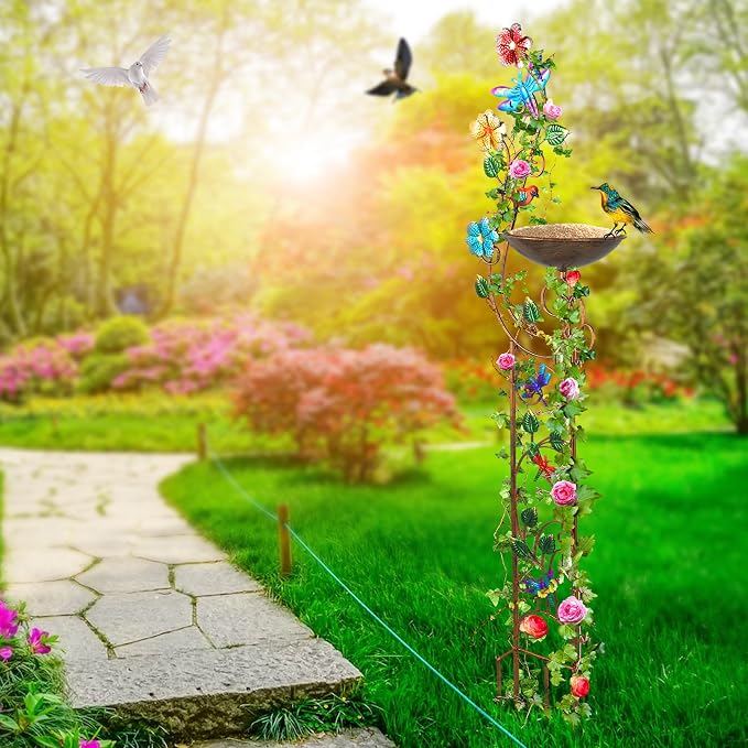 YADOOLIFE 57” Bird Bath with Garden Trellis for Climbing Plants Outdoor, Small Decorative Trellises Metal Birdbath Bird Baths, 1 Piece (Dragonfly)
