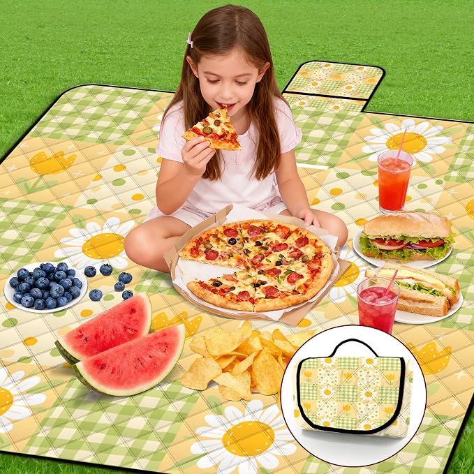 Extra Large Picnic Blanket Waterproof,80"x 80"Foldable Machine Washable Beach Blanket,Outdoor Blanket for 6-8 Adults,Suitable for Indoor Crawling,Park Beach,Camping,Hiking,Family Travel(Sunflower)