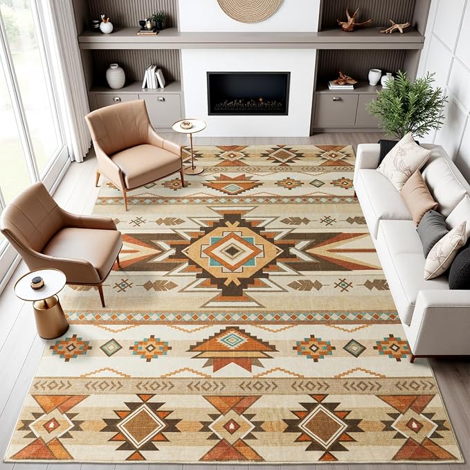 8x10 Western Rustic Aztec Area Rug for Living Room Bedroom Dining Room | Southwestern Tribal Beige Low Pile Faux Wool Rug, Machine Washable Non-Slip Large Carpet for Living Room Dining Bedroom