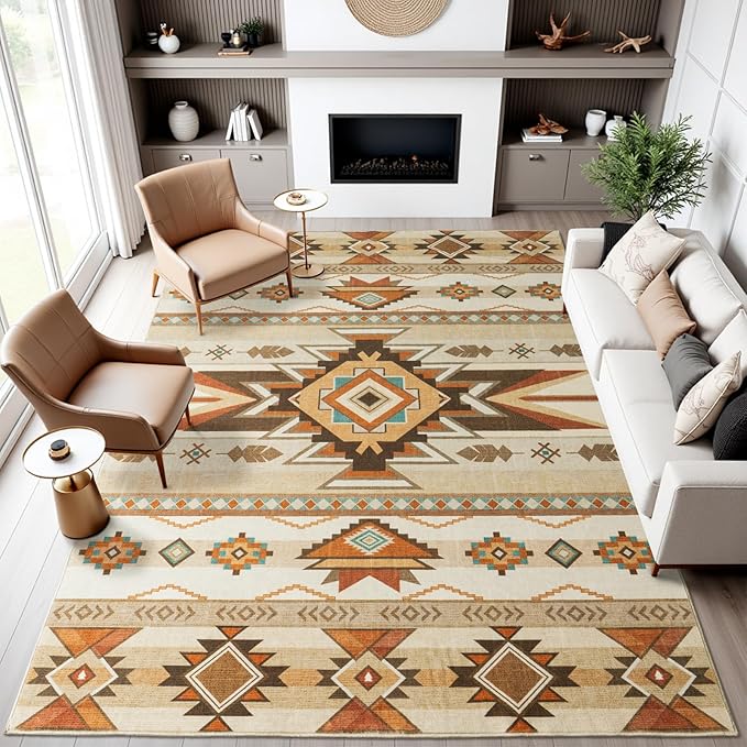 9x12 Southwestern Aztec Area Rug for Living Room Bedroom Dining Room Beige | 9x12 Southwestern Tribal Beige Low Pile Faux Wool Rug, Machine Washable Non-Slip Large Carpet for Living Room Dining Bedroom