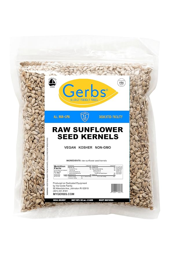 Raw Sunflower Seed Kernels by Gerbs – 2 LBS - Top 11 Food Allergen Free & Non GMO - Vegan & Kosher - Seed Country of Origin USA – Premium Grade Shelled Sunflower