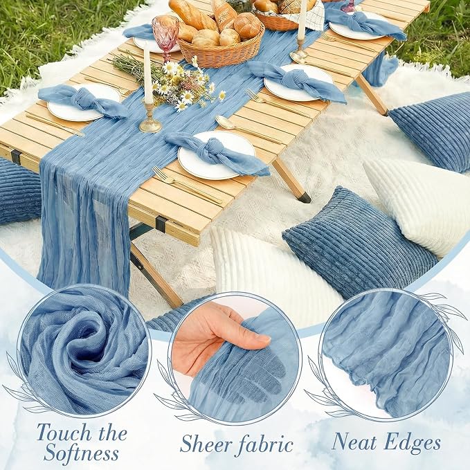 91 x 71 Extra Large Outdoor Boho White Picnic Blanket with Blue Table Runner, 6 Napkins and 6 Throw Pillow Covers Table Decor for Beach Picnic Camp Wedding Party Birthday Baby Shower