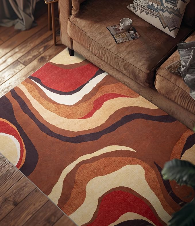 Burnt Orange Rug 3x5 Washable,Farmhouse Brown Retro Carpets,Geometric Abstract Wavy Rug for Bedroom,Unique Colorful Rugs for Living Room,Dining Room,Bedside Rugs
