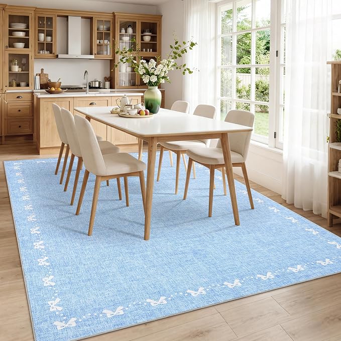 COZYLOOM 5x7 Bow Printed Washable Rug for Entryway Indoor, Modern Bordered Living Room Rug with Non Slip Backing, Stain Resistant Non Shedding Solid Color Area Rugs for Bedroom, Dining Room, Blue