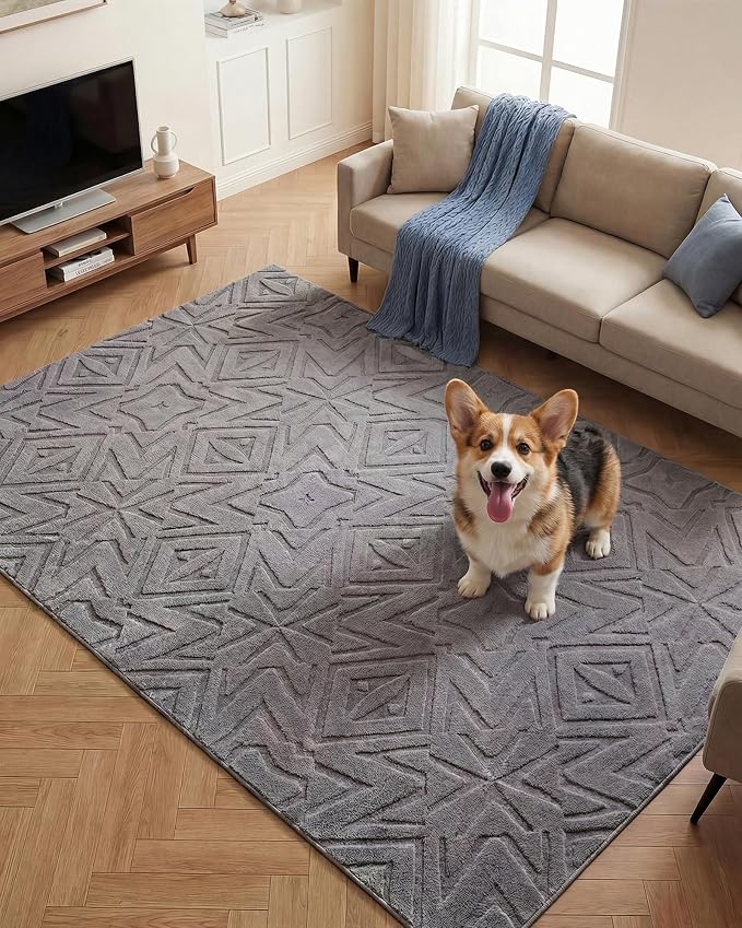 Carvapet 6x9 Area Rug Dark Gray Geometric Soft Plush Washable Carpet | High-low pile texture, luxurious soft plush, skid-resistant backing for living room and dining room floor decor