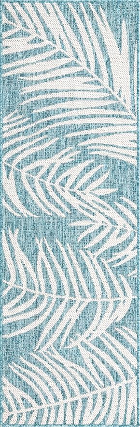 Unique Loom Outdoor Botanical Collection Area Rug - Palm (2' x 6' 1" Runner, Light Aqua/ Ivory)