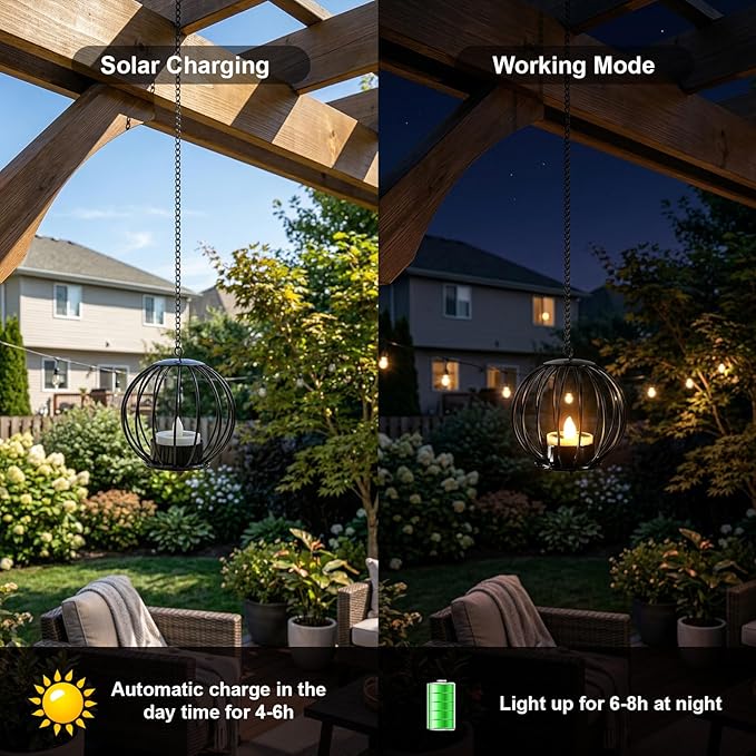 Edenseelake Solar Hanging Lanterns Outdoor Waterproof, Metal Ball Candle Holder with Flickering Solar Powered, Chargeable Solar Lights for Backyard Patio Garden Fence Tree Decoration, 4 Pack