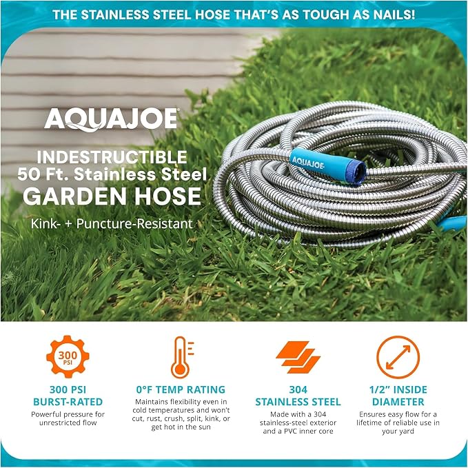 Aqua Joe 50-Foot Heavy Duty Garden Hose, Spiral 304 Stainless Steel Metal Hose, Puncture Proof, 1/2 Inch Diameter with Aluminum Fittings, AJSGH50