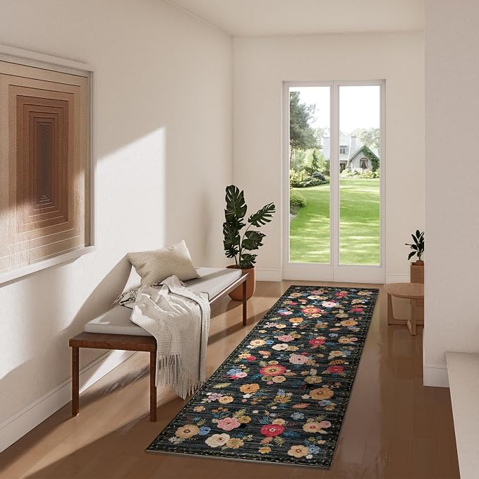 Machine Washable Runner Rug for Kitchen: 2'x6' Hallway Runner Rug Non Slip Low Pile Soft Faux Wool Carpet Runners Floral Floor Rug for Bedroom Entryway Bedroom Bathroom Laundry Room Home Office Indoor
