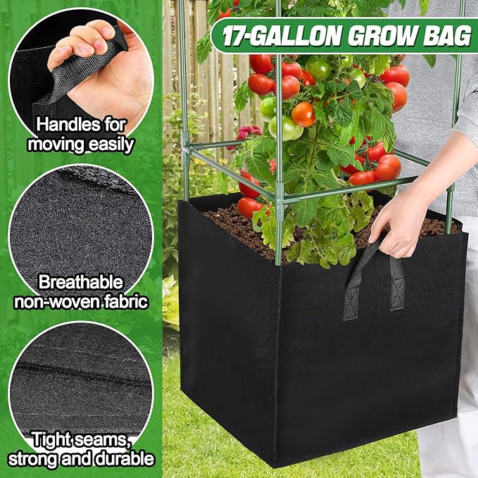 ANPHSIN Sturdy Square Tomato Cage with Movable 17 Gal Grow Bags - 3 Sets 46'' Plants Garden Trellis Planter, Support for Indoor Outdoor, Cucumber, Beans, Peppers, Eggplants, Climbing Vegetables