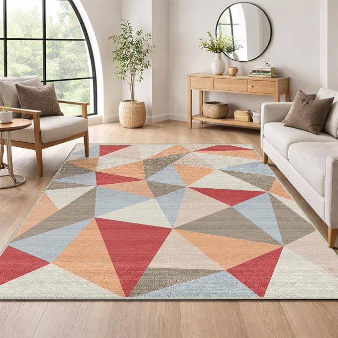 5x7 Colorful Triangle Geometric Area Rug for Living Room Bedroom Abstract Modern Large Rug Machine Washable Non-Slip Carpet for Dining Room Office