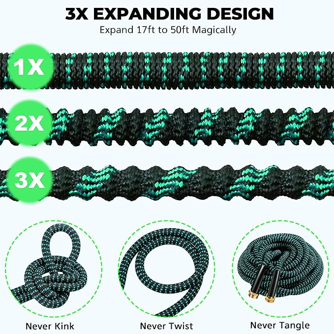 Expandable Garden Hose 50 ft with 10 Function Spray Nozzle, Flexible, Kink Free, Leak-Proof, Ultra Lightweight Retractable Stretch Water Hose 50ft for Yard, Lawn, Car Wash and Outdoor (Black Cyan)