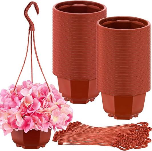 Roshtia 50 Pcs 6.7 Inch Plastic Hanging Plant Pots with Hooks Flower Pots Baskets Outdoor Hanging Nursery Planter Holder for Home Garden Balcony Porch(Brown)