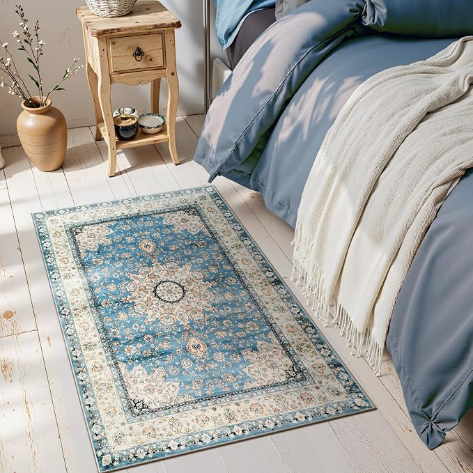 Lahome Felice Oriental Floral Medallion Area Rug - 2x3 Blue Distressed Small Entryway Rug Printed Doormat Vintage Non-Slip Washable Low-Pile Carpet for Indoor Front Entrance Kitchen Bathroom