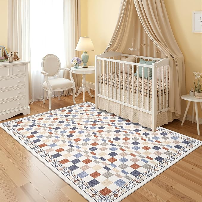 GarveeHome 4x6 Rug for Playroom Washable Checkered Carpets for Bedroom | Modern Abstract Multi-Color Dining Area Rug Non-Slip Low Pile Contemporary Area Rug for Living Room Nursery Room