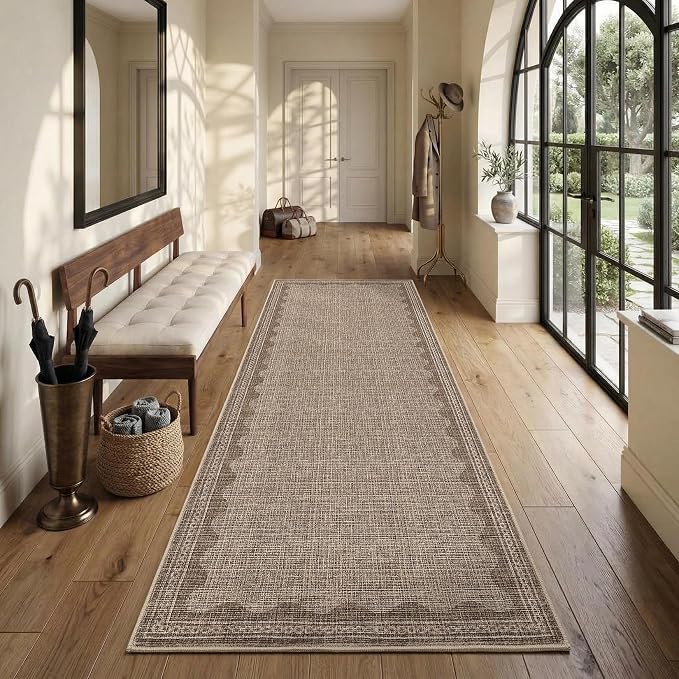 GarveeHome 2.5x8 Runner Rug for Hallway Washable Kitchen Rugs Non Slip Solid Coffee Modern Minimalism Soft Low-Pile Scalloped Indoor Carpet for Entryway Laundry Room Floor Mats