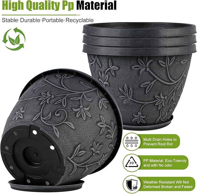Nooulap 4 Pack 8 Inch Flower Pots for Outdoor Indoor, Plastic Plant Pots with Drainage Hole & Saucer, Lightweight Small Resin Flower Pot, Imitation Magnolia Pots for Garden House planters（Gray）