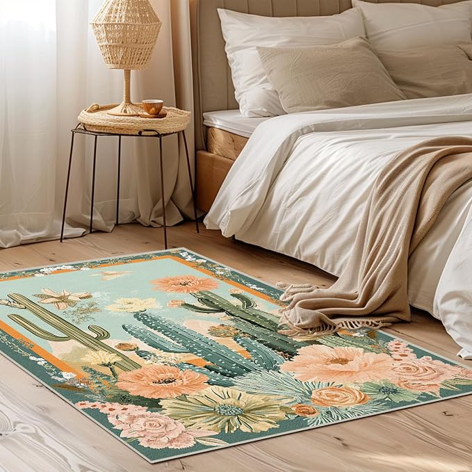 2x3 Cactus Flower Area Rugs Boho Tropical Floral Botanical Green Rug for Bathroom Kitchen Entryway Indoor Soft Non-Slip Thin Carpet Modern Rugs for Dining Room Under Table Washable Machine