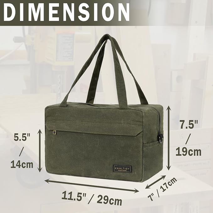 16OZ Waxed Canvas Tool Storage Bag, Heavy Duty Hand Tools Organizer with Hidden Zipper Pocket & 4 Internal Slots & Carrying Handle | Army Green | Multi-Purpose Tool Bag for Mechanic Electrics - S