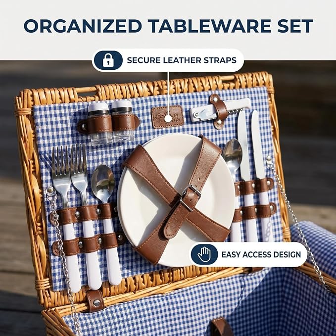 Multifunctional Wicker Picnic Basket Set for 4 Blanket Family Folding Wine Table,Insulated Portable Extra Big Storage Capacity Woven Rattan Canasta De Full Tablewares Camping Outdoor Flowers Blue
