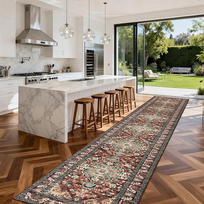 U'Artlines 3' x 18' Boho Hallway Runner Rug, Washable Carpet, Rust＆Teal | Non Slip, Vintage Farmhouse Accent Area Rug Carpet, for Bedroom, Dining Room, Laundry and Living Room