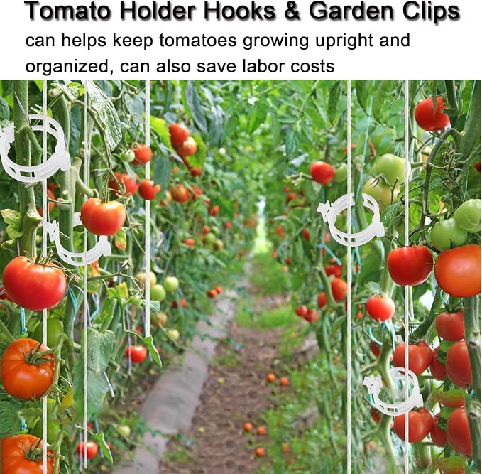 Tomato Support Hooks with String,10 Pack Tomato Trellis Roller Hooks with 49.2FT String for Plant,Greenhouse Tomato Flower Vine Twine Crop Trellis Kit Tomato Plant Roller Hook