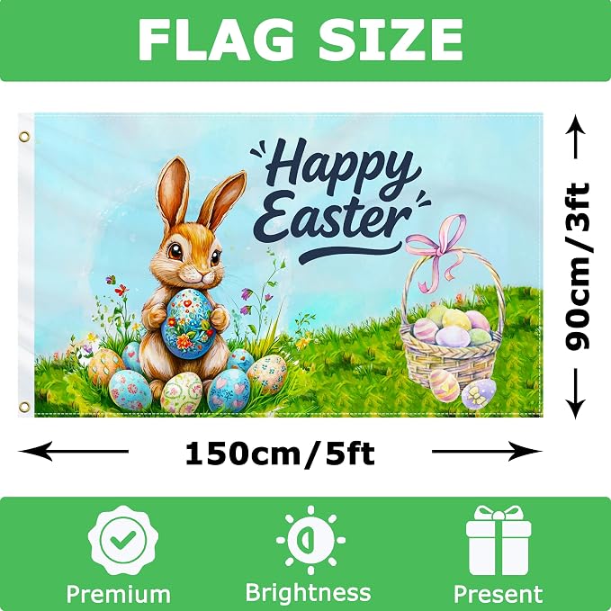 Easter Flag 3x5 Ft Double Sided Printed for Outside Polyester Happy Easter Banner Spring Garden Flag Rabbit Eggs Banner with 2 Grommets for Farmhouse Lawn Holiday Yard Indoor Outdoor Party Gifts