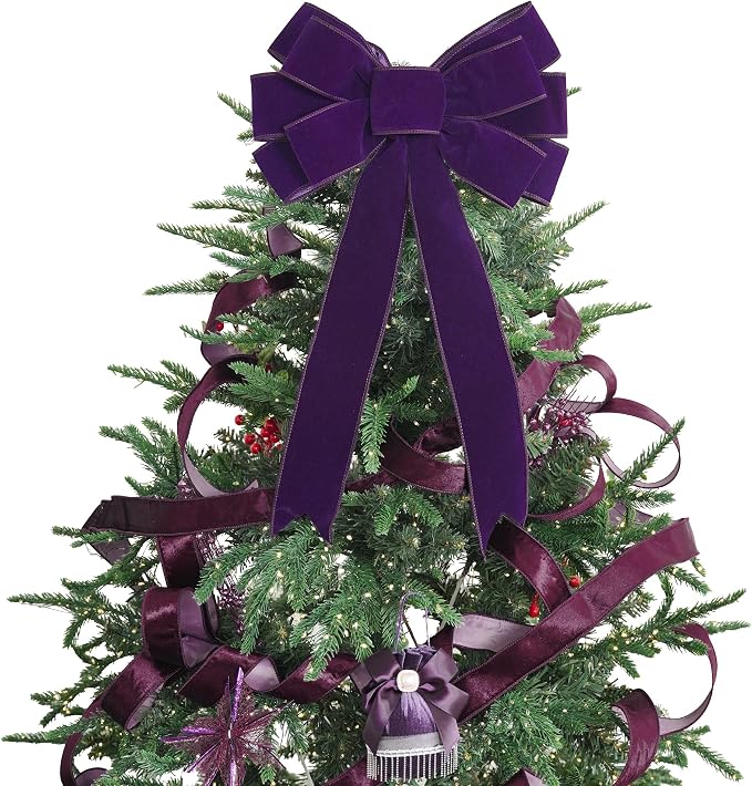 13" Purple Bow Pre-Tied Bow for Christmas Tree, Purple Velvet Ribbon Bow for Wreaths, Tree Toppers Bow, Premade Bow, Gift Bow for Party Favor, Christmas Home Indoor Outdoor Decor-1 Counts